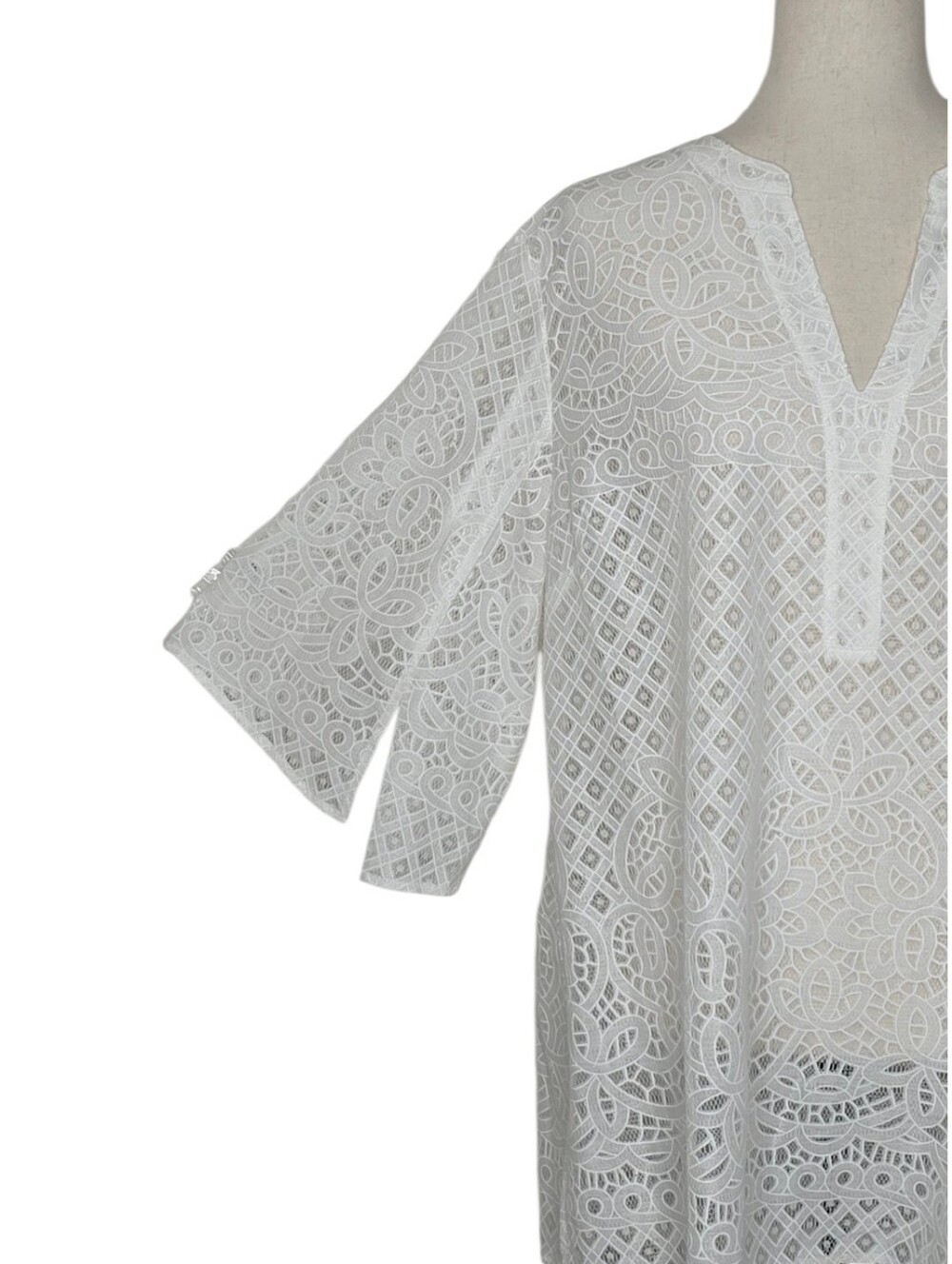 Chico's White Open Lace Split Notched V-neck 3/4 Sleeve Tunic Top Size XL - Picture 5 of 9